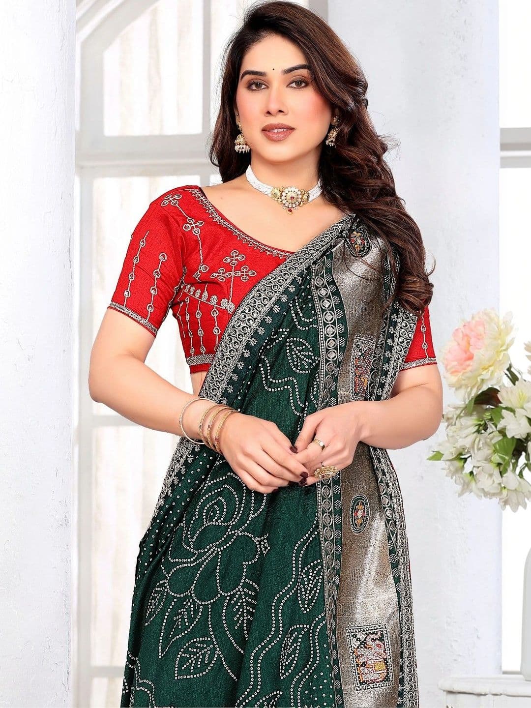 SmileyFashion Bandhani Embroidered Art Silk Designer Saree thumbnail 3