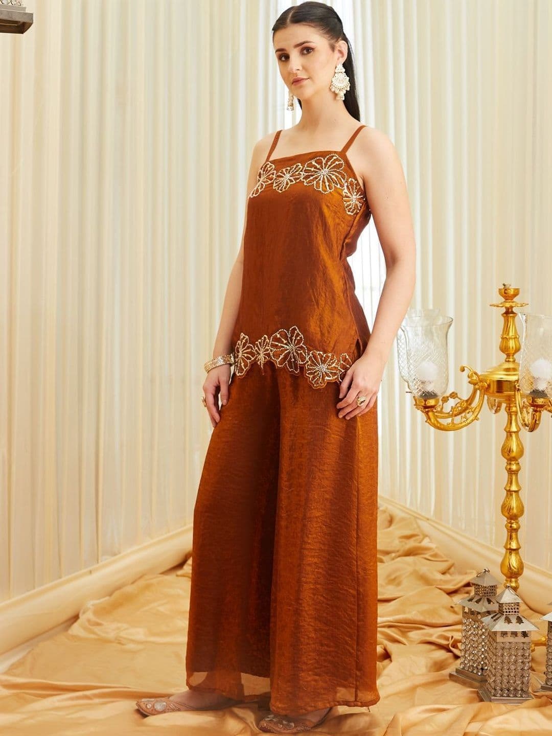 Colors  of Earth Colors of Earth Silk Embroidered Beadswork Short Kurti With Bell Bottom Pant With Dupatta thumbnail 3