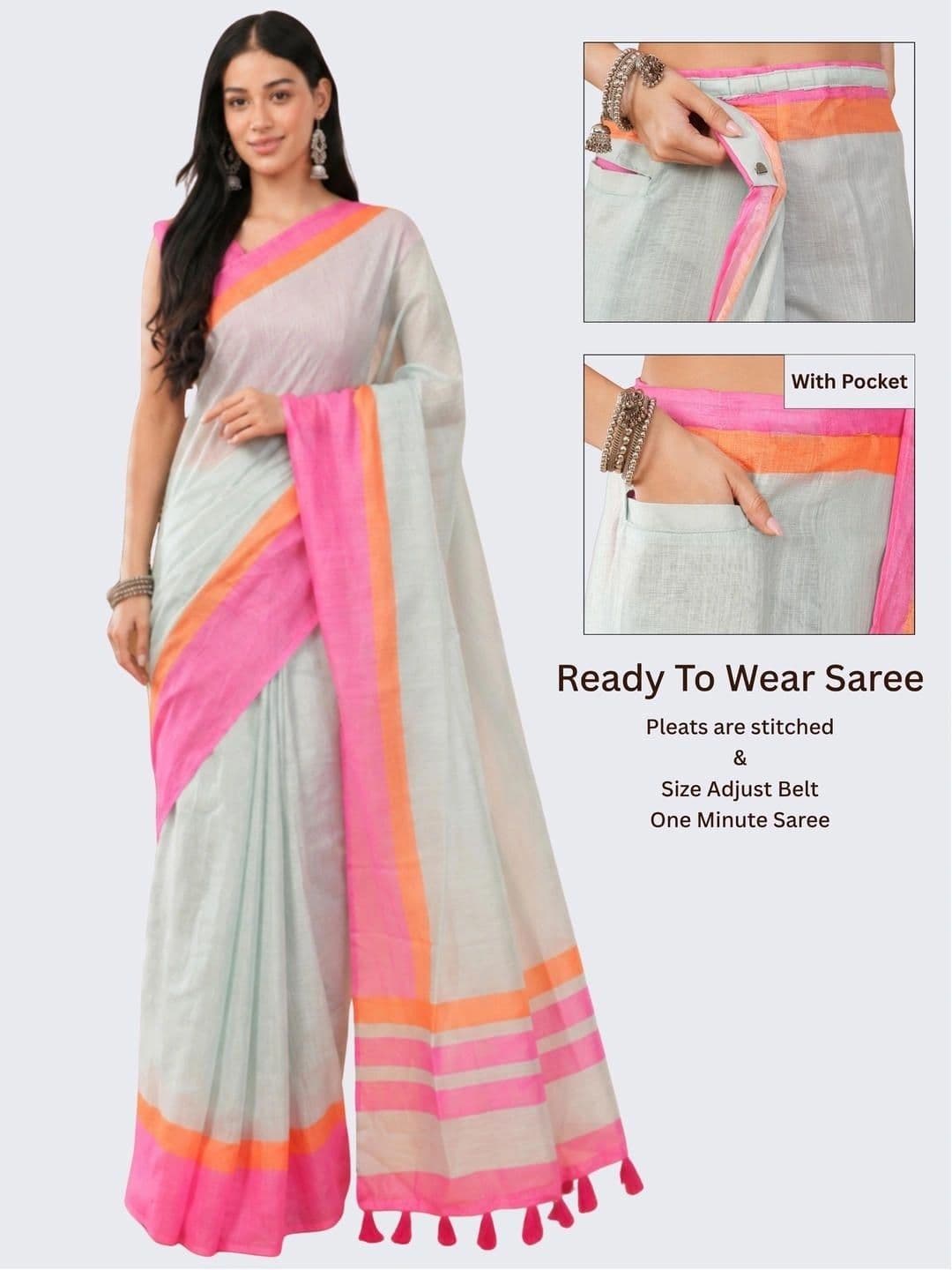 SAMANTHA Striped Linen Blend Belted Saree thumbnail 4