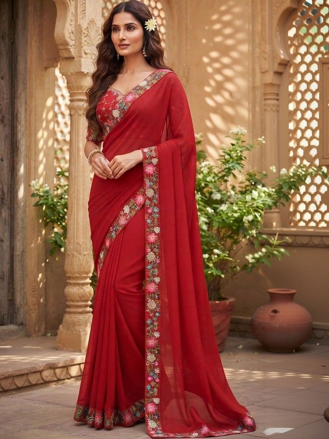 SmileyFashion Floral Art Silk Saree thumbnail 2