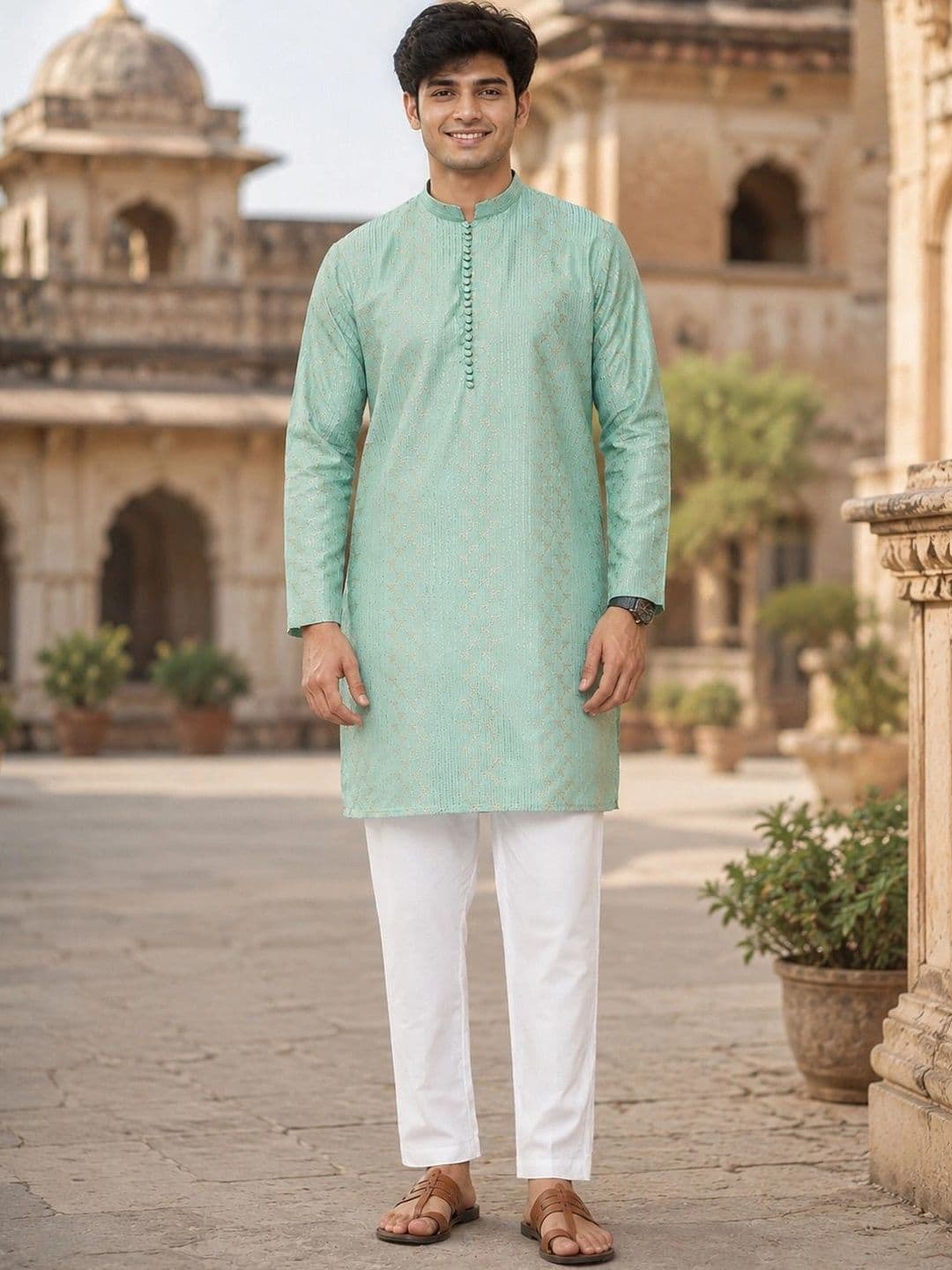 See Designs Mandarin Collar Geometric Embroidered Chanderi Silk Straight Kurta thumbnail 6