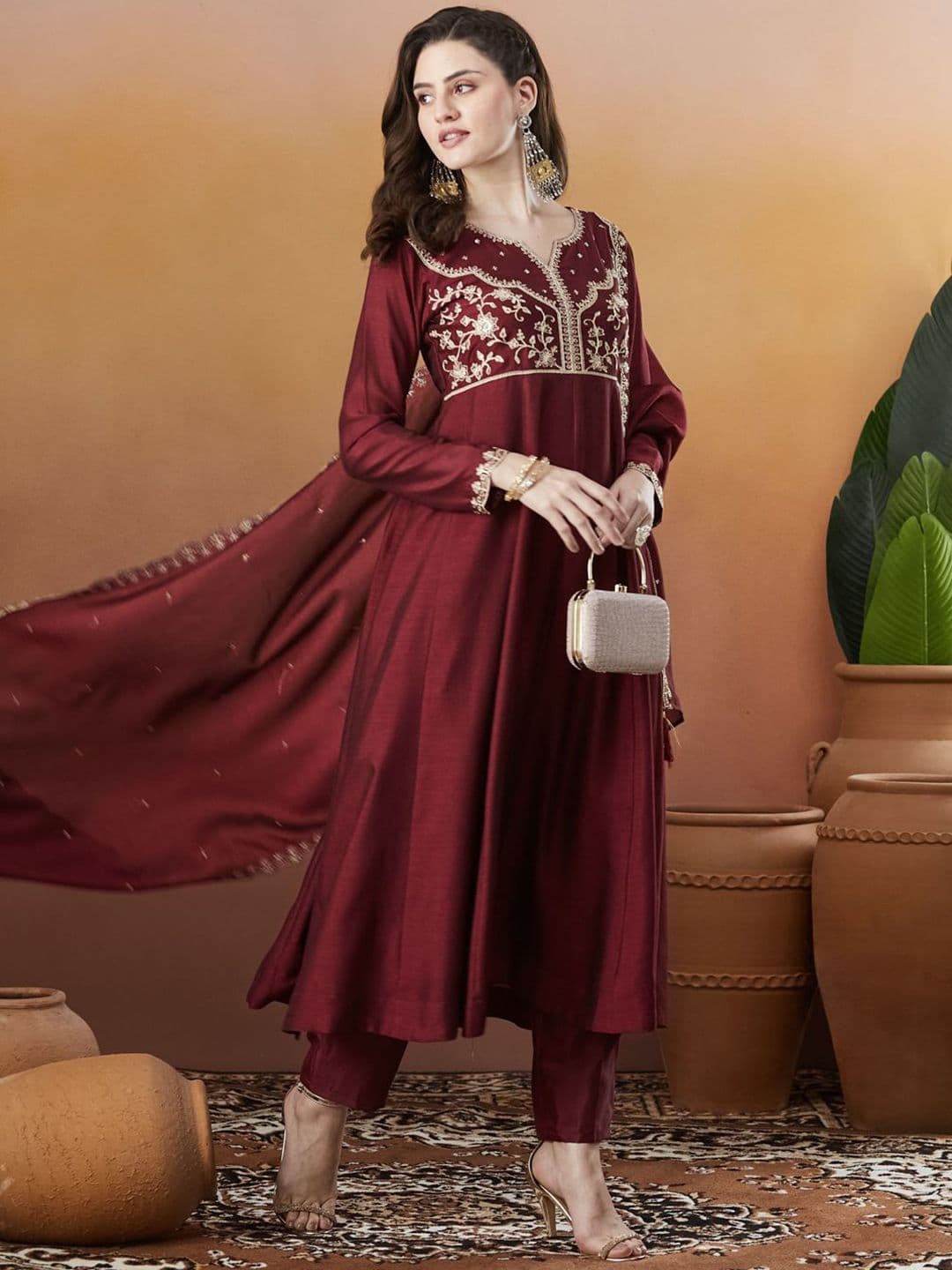 MOKOSH Women Silk Embroidered Anarkali Kurta And Pant Set With Dupatta thumbnail 3