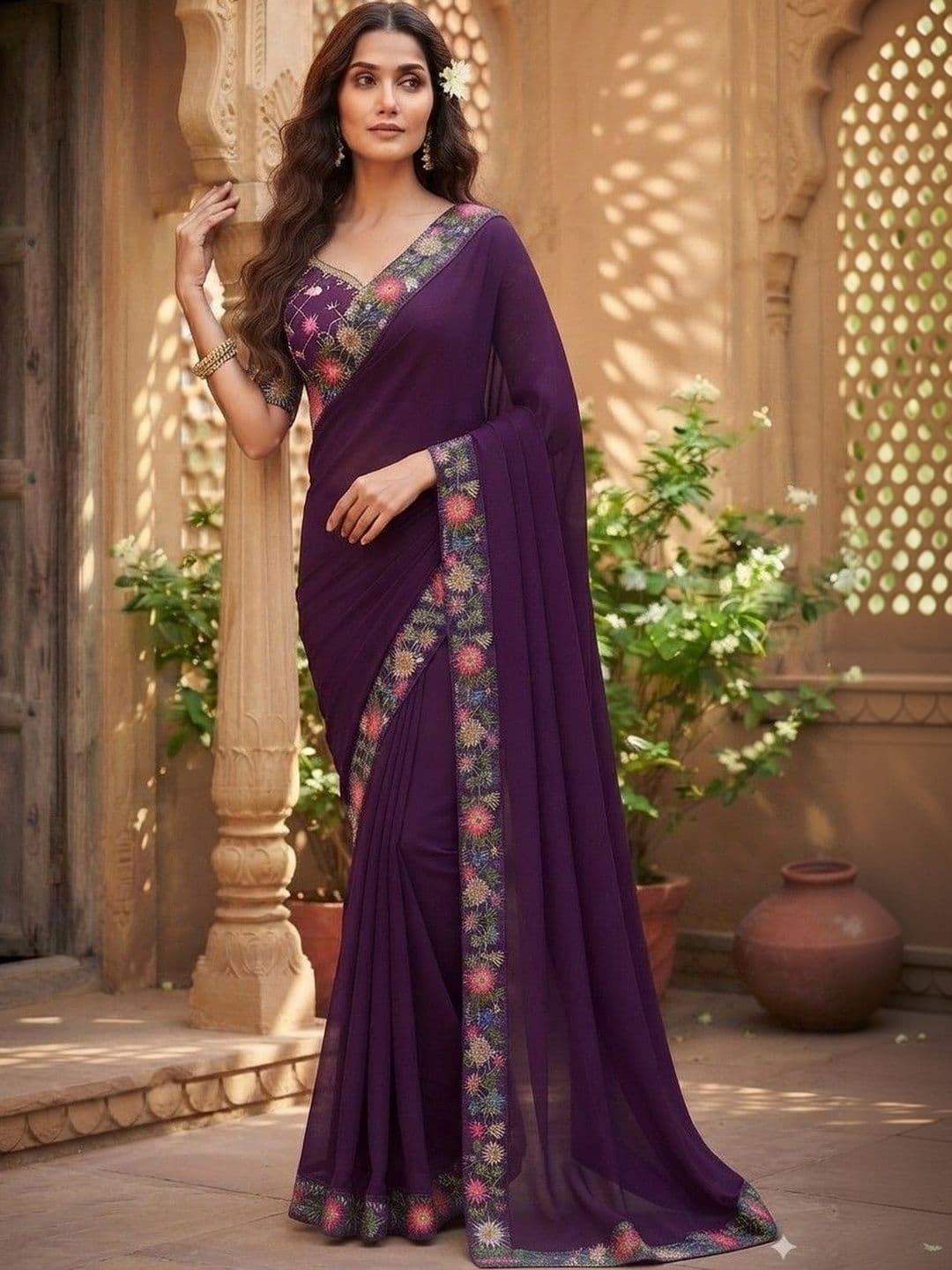 SmileyFashion Floral Embroidered Art Silk Saree thumbnail 3