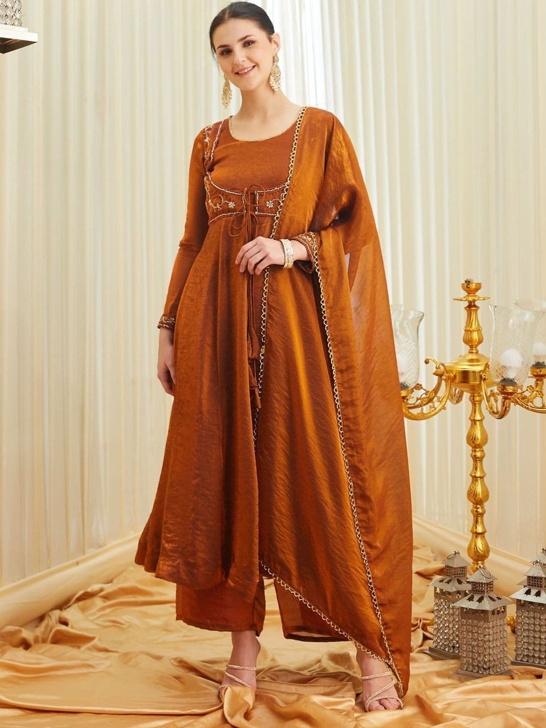 Colors  of Earth Colors of Earth Silk Embroidered Beadswork Anarkali Kurta Palazzo Set With Dupatta - view 1