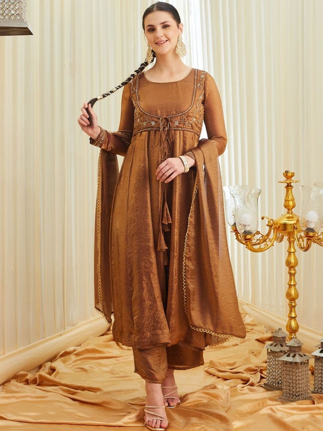Colors  of Earth Colors of Earth Silk Embroidered Beadswork Anarkali Kurta Palazzo Set With Dupatta thumbnail 4