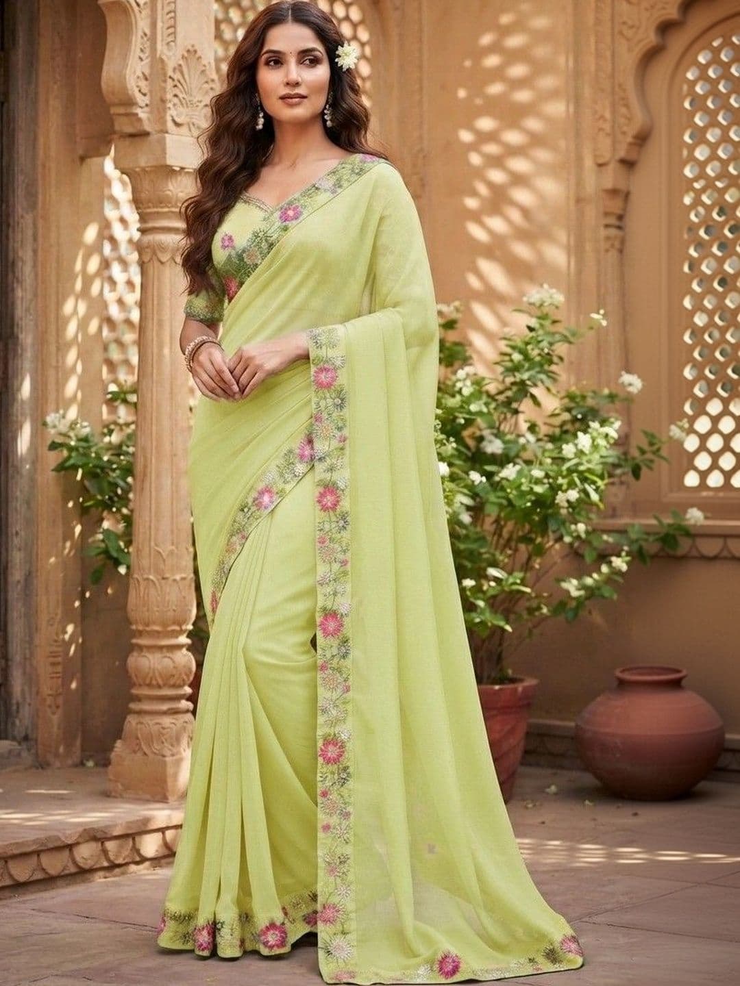 SmileyFashion Floral Embroidered Art Silk Saree - view 1