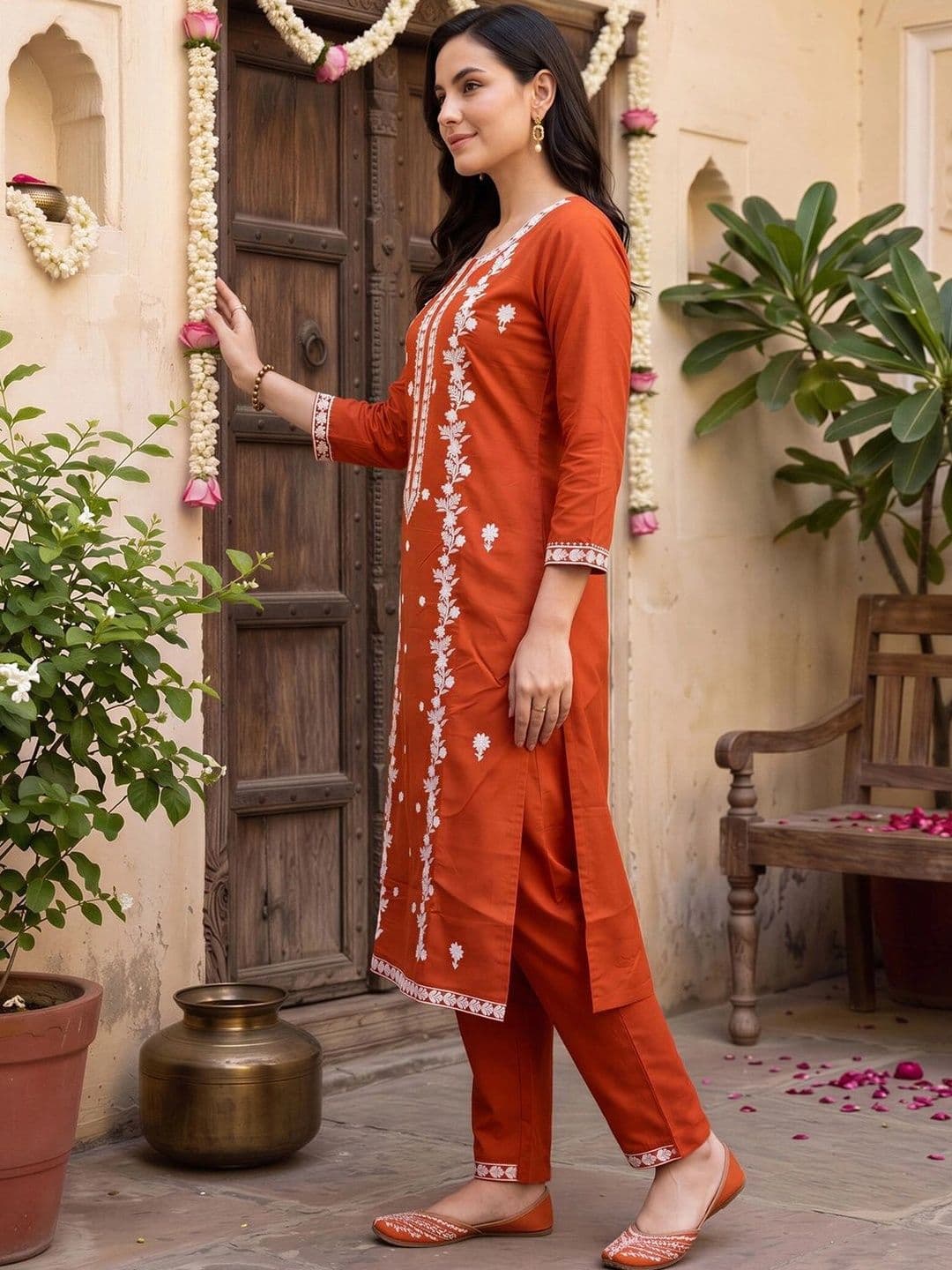 Indo Era Women Ethnic Motifs Embroidered Regular Thread Work Kurta with Trousers thumbnail 6
