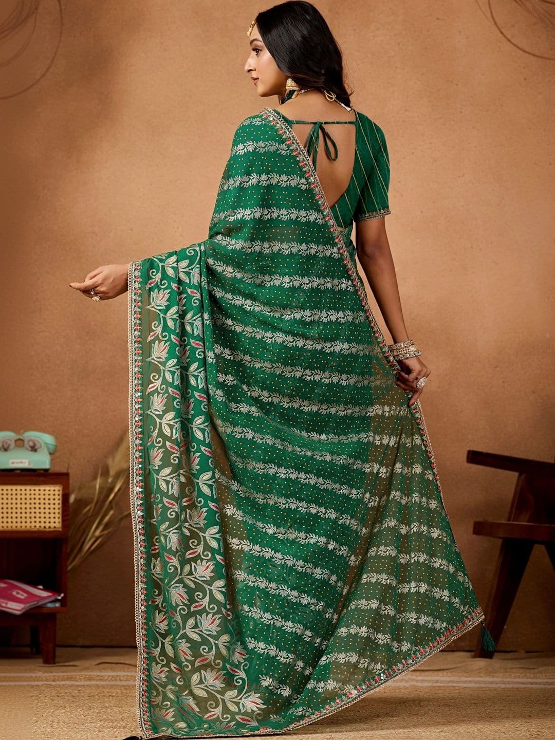 KALINI Floral Embroidered Poly Georgette Designer Bandhani Saree thumbnail 4