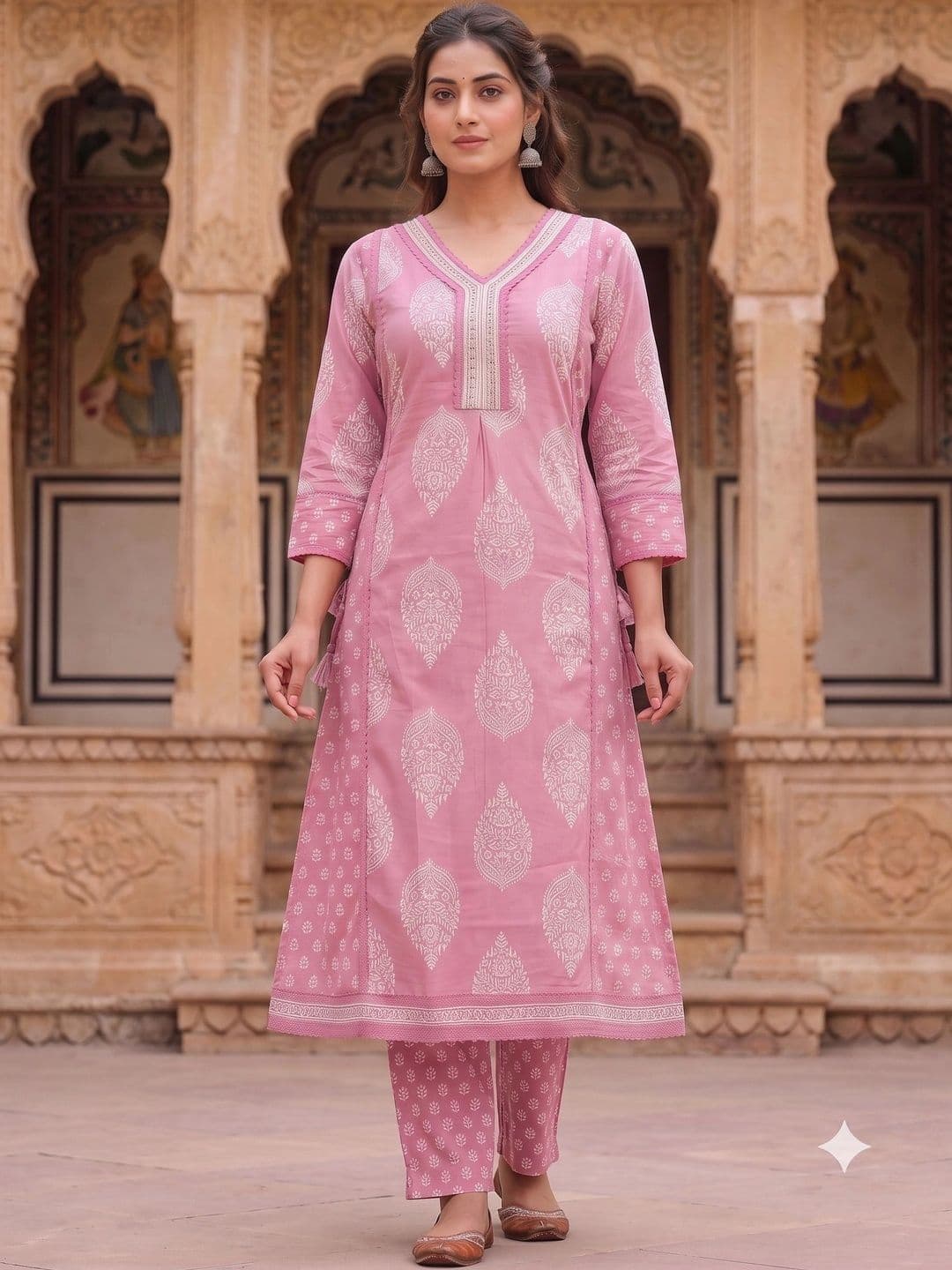 KALINI Women Ethnic Motifs Printed Angrakha Sequinned Pure Cotton Kurta with Trousers & With Dupatta thumbnail 6