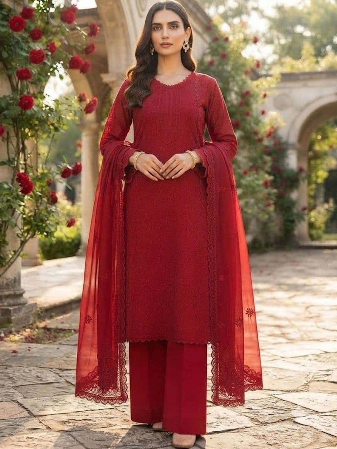 VASTRYN Women Ethnic Embroidered Regular Chikankari Kurta with Palazzos & With Dupatta - view 1
