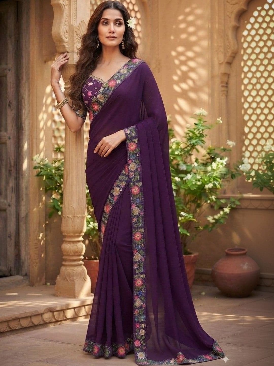 SmileyFashion Floral Embroidered Art Silk Saree - view 1