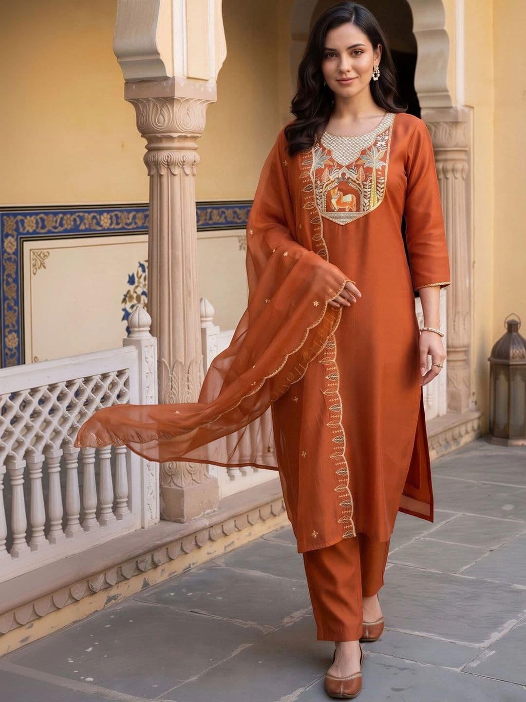 Indo Era Women Ethnic Motifs Embroidered Regular Thread Work Kurta with Trousers & With Dupatta - view 1