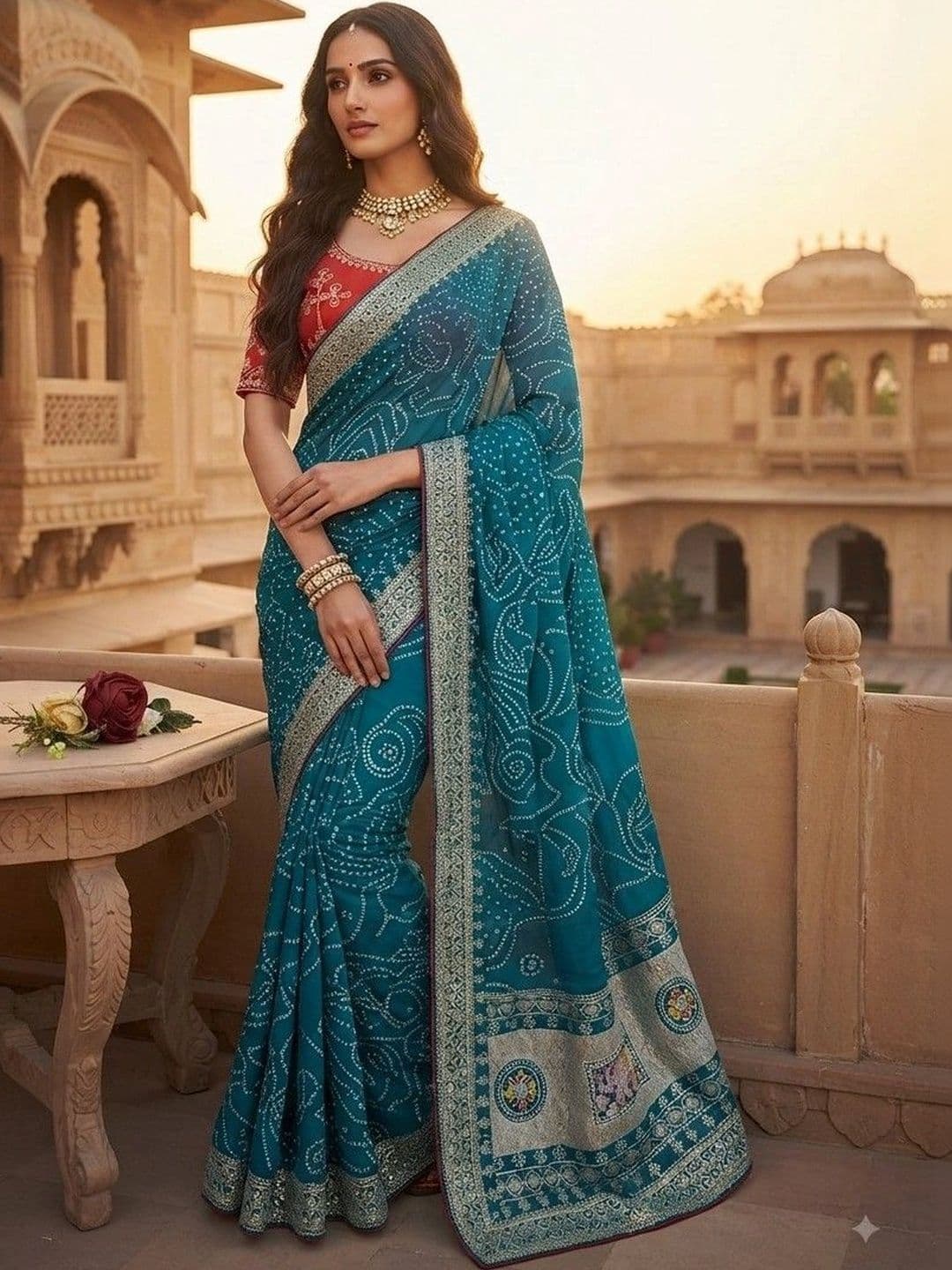 SmileyFashion Bandhani Embroidered Art Silk Designer Saree thumbnail 4