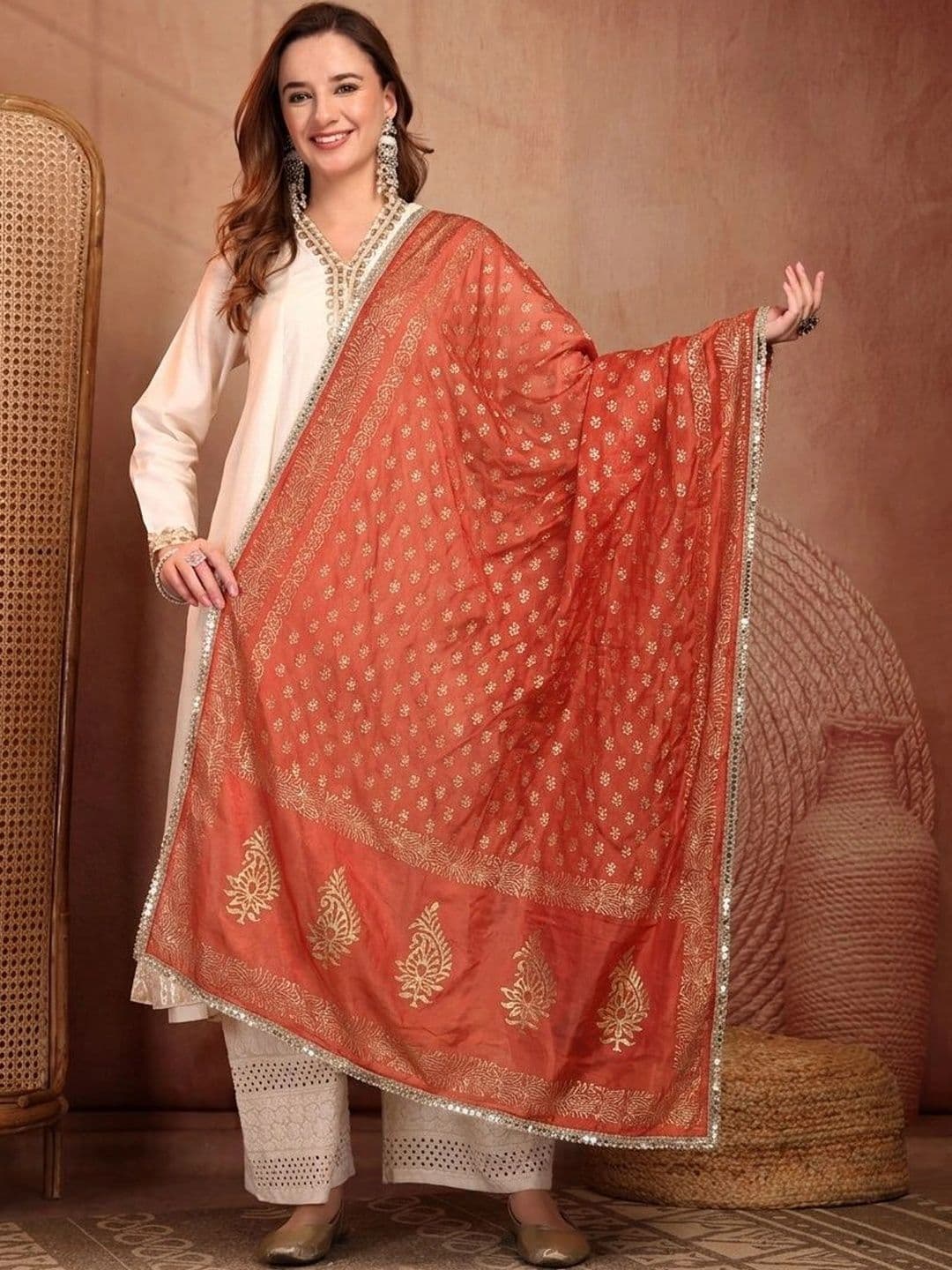 Clora Creation Ethnic Motifs Embroidered Dupatta with Mirror Work - view 1