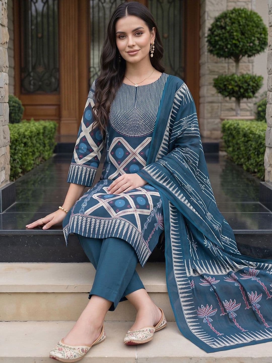 Indo Era Women Printed Regular Pure Cotton Kurta with Trousers & With Dupatta thumbnail 5