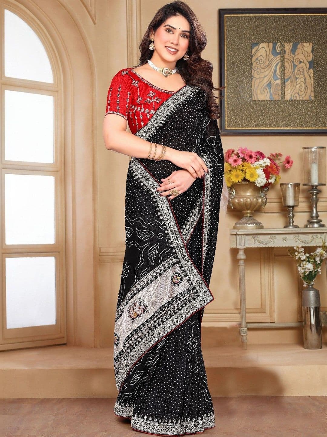 SmileyFashion Bandhani Embroidered Art Silk Designer Saree - view 1