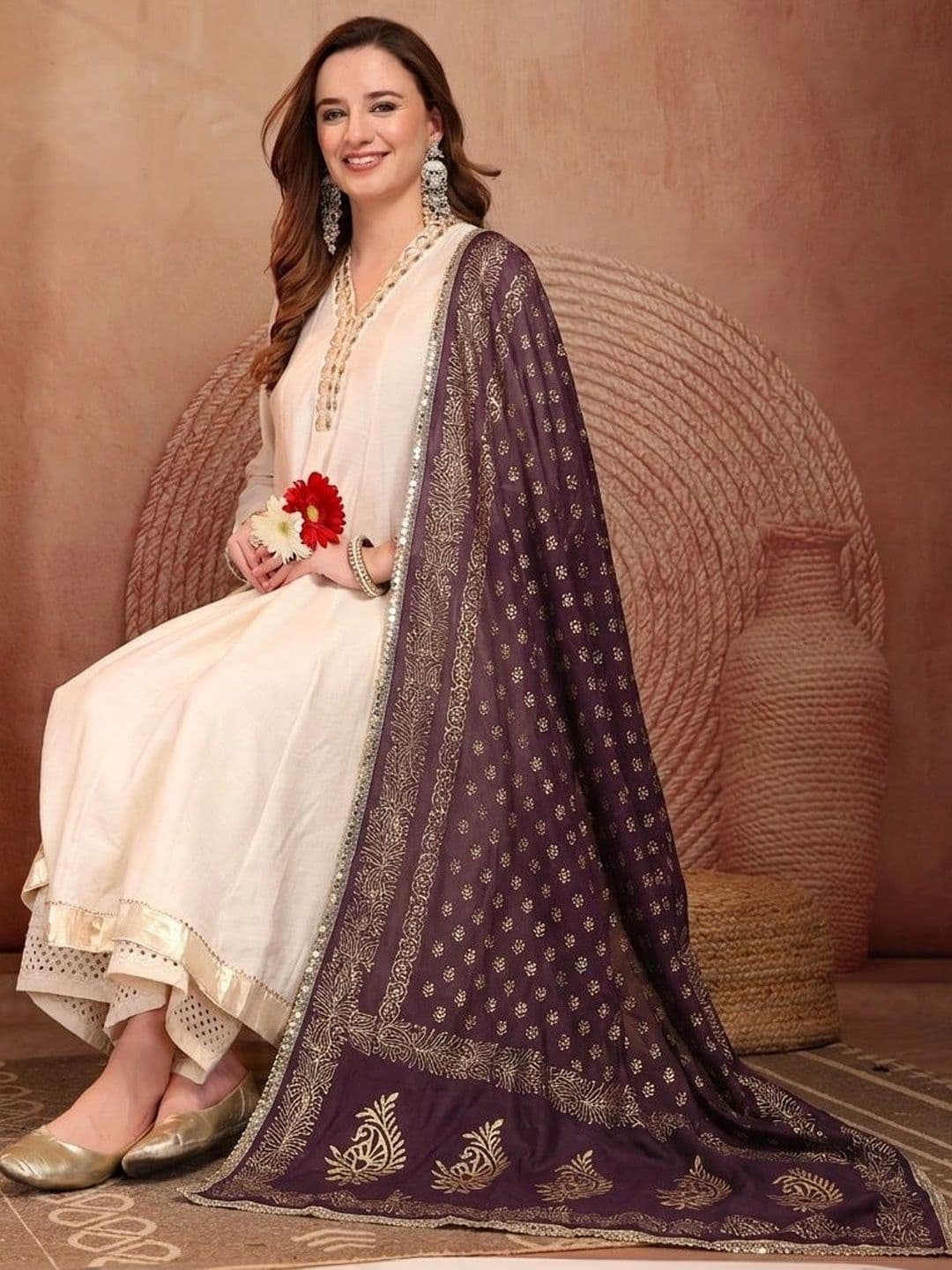 Clora Creation Ethnic Motifs Printed Foil Print Dupatta with Mirror Work thumbnail 5