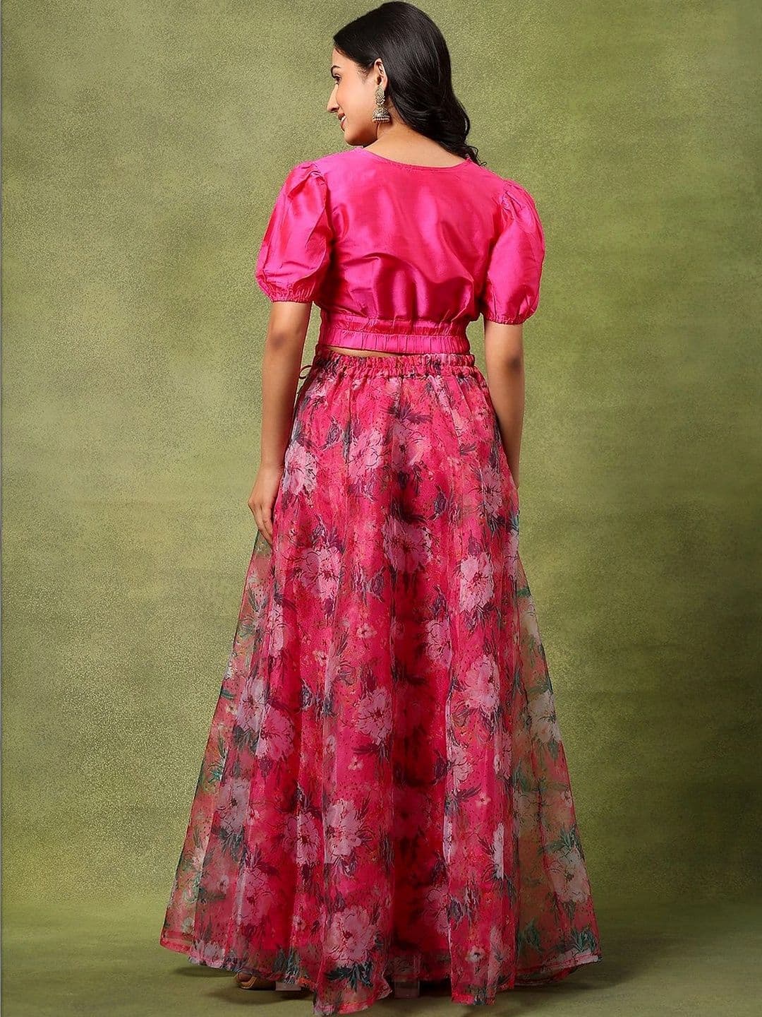 Frolic Rolic Silk V Neck Blouse & Floral Print Organza Maxi Skirt Set thumbnail 2