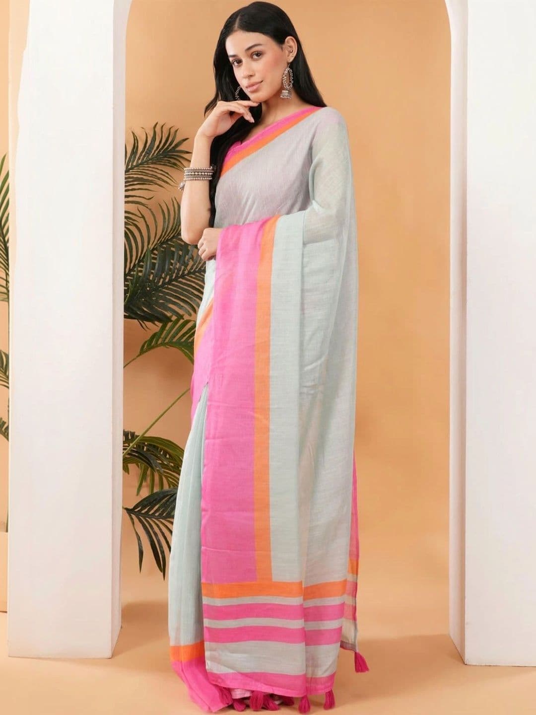 SAMANTHA Striped Linen Blend Belted Saree thumbnail 6