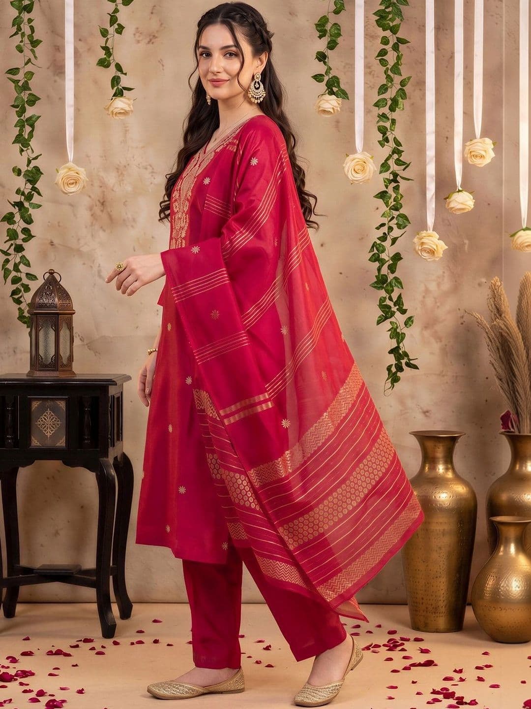 Indo Era Women Ethnic Motifs Embroidered Regular Thread Work Kurta with Trousers & With Dupatta thumbnail 6