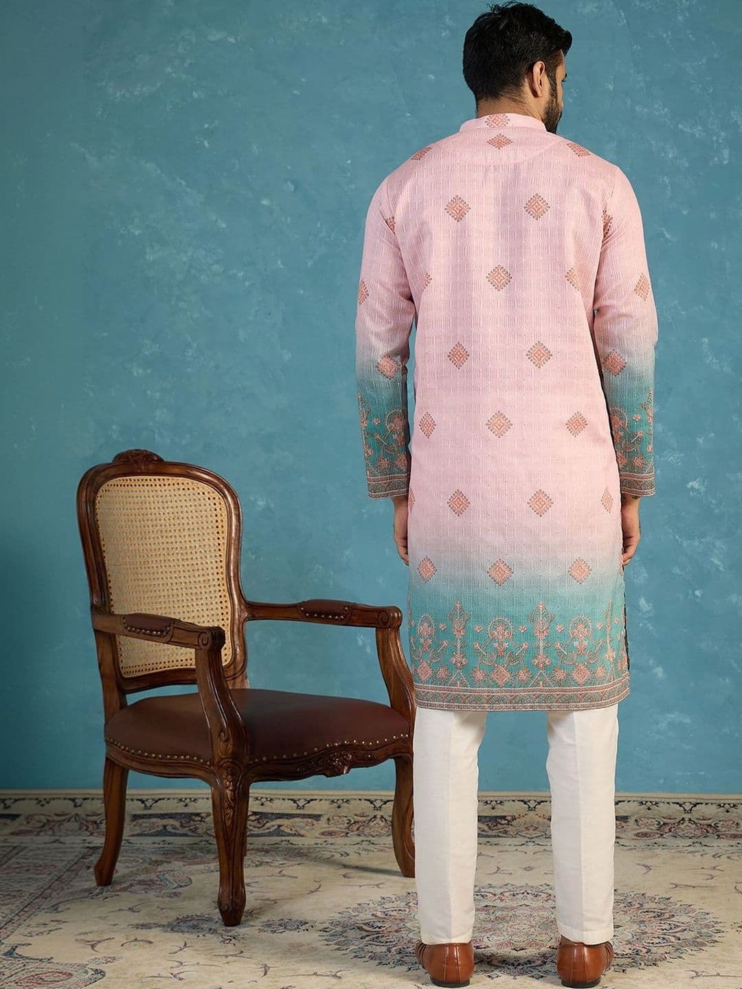 House of Pataudi Floral Woven Design Mandarin Collar Straight Kurta thumbnail 5