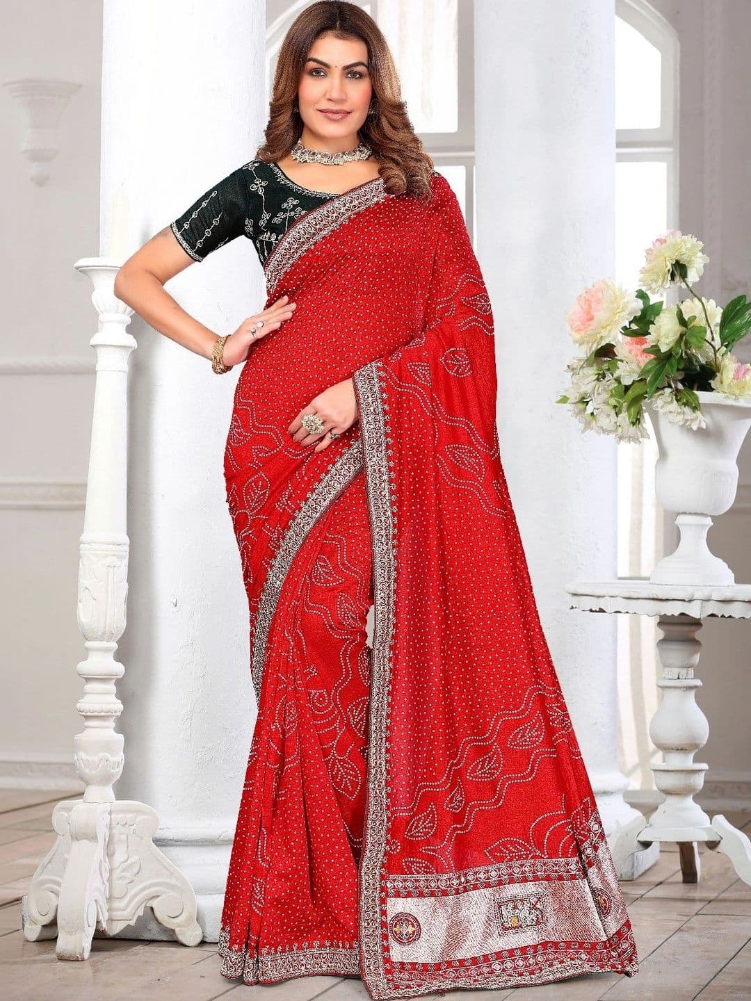 SmileyFashion Bandhani Embroidered Art Silk Designer Saree thumbnail 5