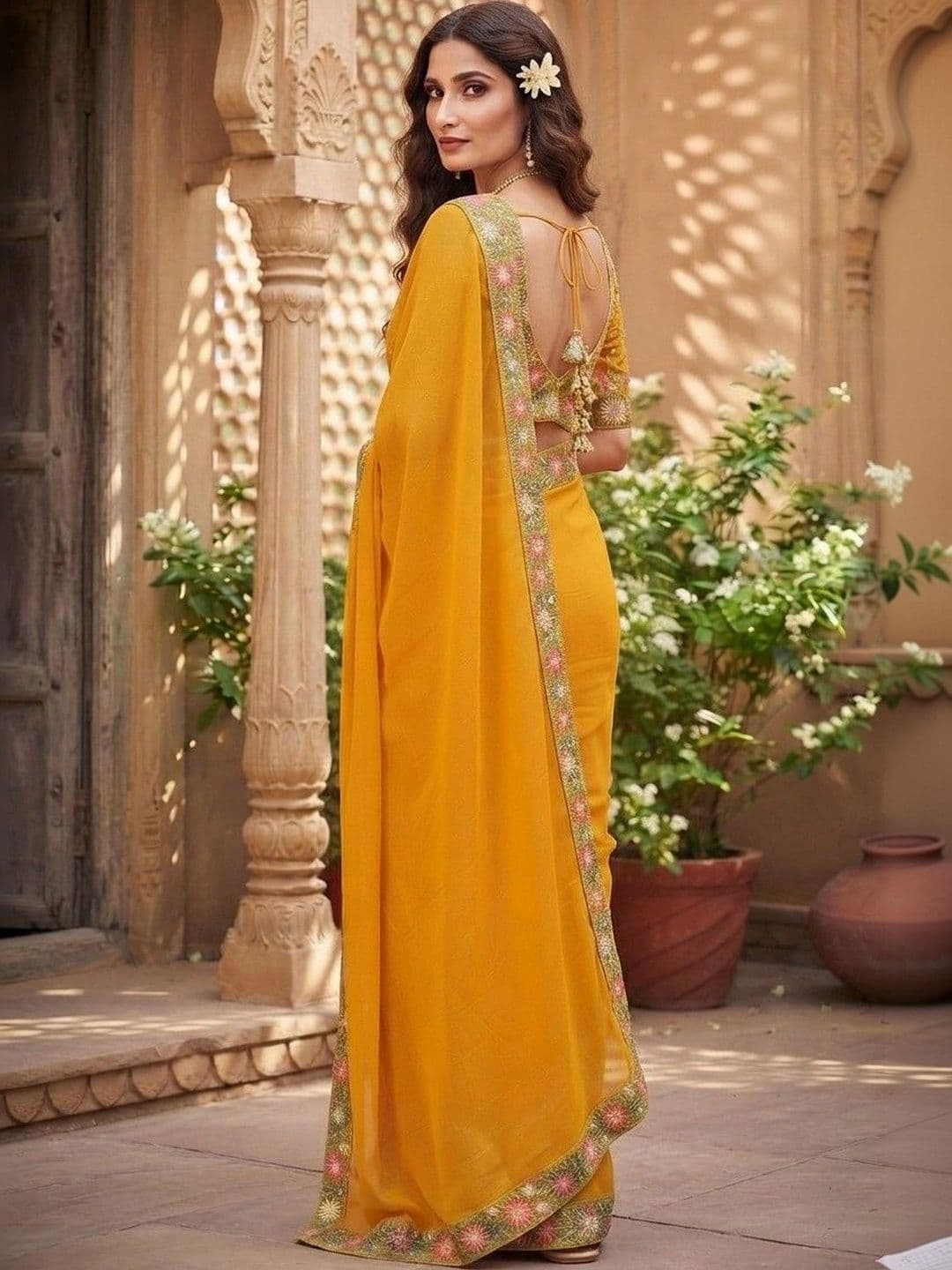 SmileyFashion Floral Embroidered Art Silk Saree thumbnail 3