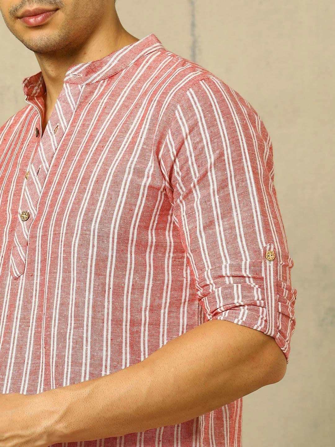 Anouk Woven Design Striped Cotton Handloom Mandarin Collar Short Kurta thumbnail 7