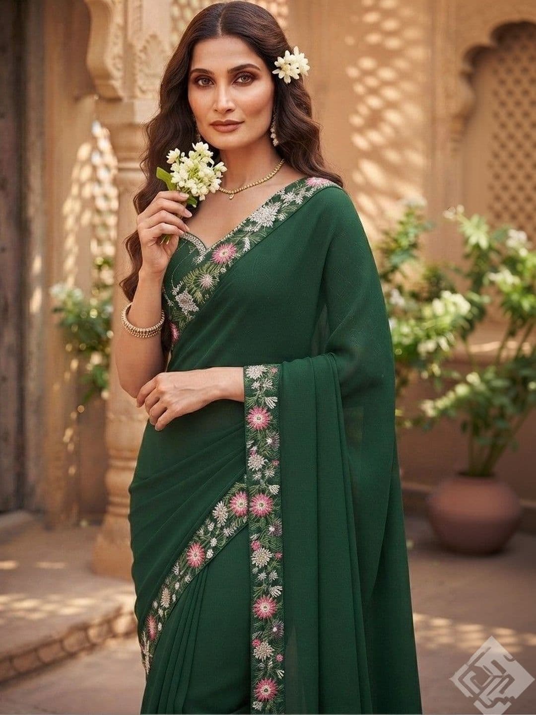 SmileyFashion Floral Art Silk Saree thumbnail 3