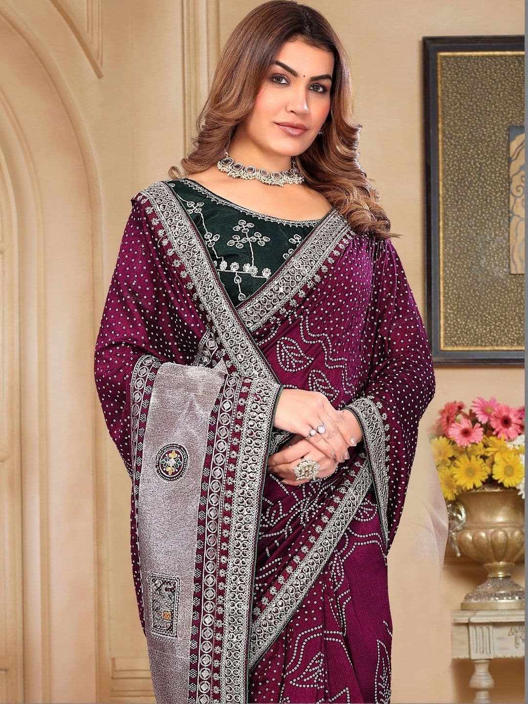 SmileyFashion Bandhani Embroidered Art Silk Designer Saree thumbnail 2