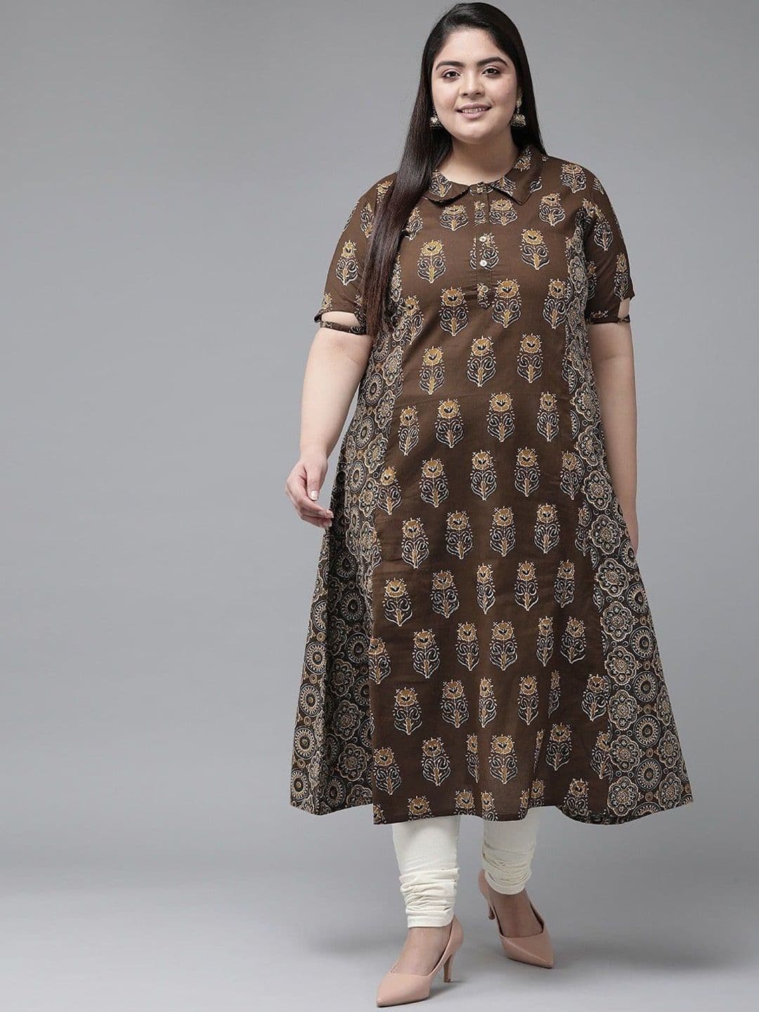 KALINI Plus Size Floral Printed Shirt Collar Cotton A Line Kurta - view 1