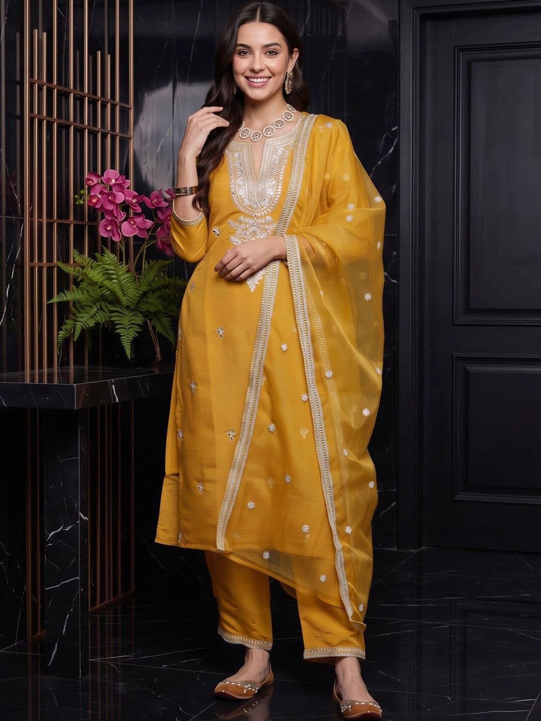 Indo Era Women Ethnic Motifs Embroidered Regular Thread Work Kurta with Trousers & With Dupatta - view 1