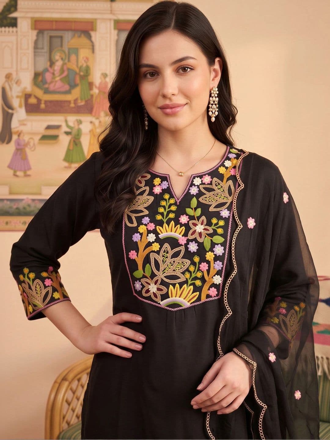 Indo Era Women Floral Embroidered Regular Thread Work Liva Kurta with Trousers & With Dupatta thumbnail 4