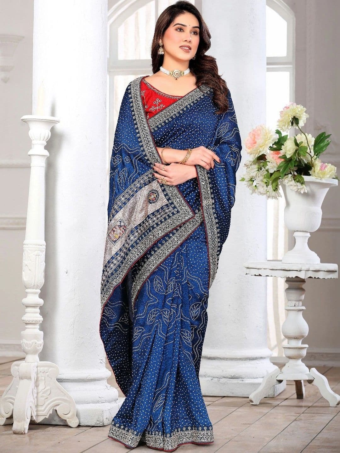 SmileyFashion Bandhani Embroidered Art Silk Designer Saree - view 1