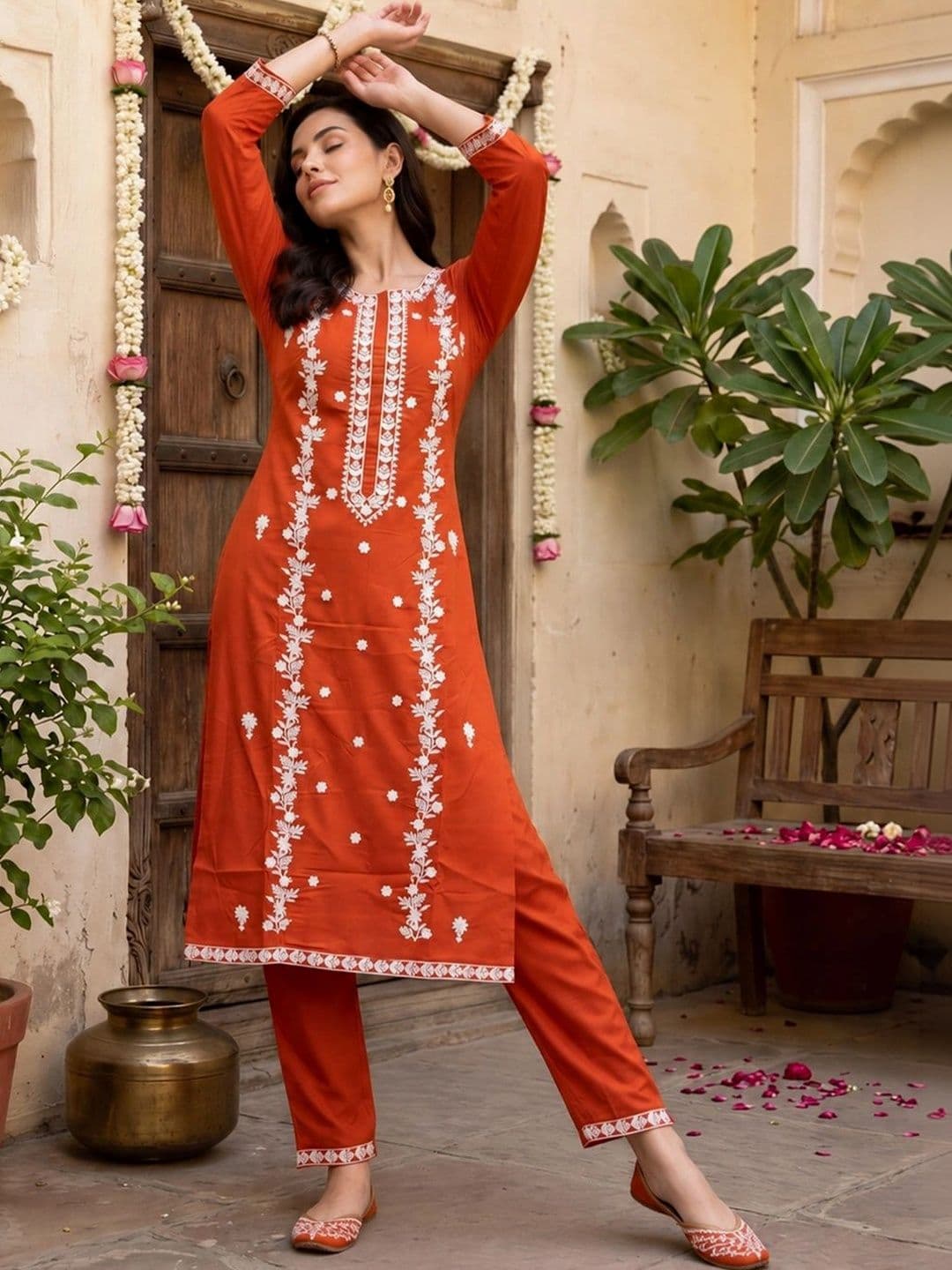 Indo Era Women Ethnic Motifs Embroidered Regular Thread Work Kurta with Trousers - view 1