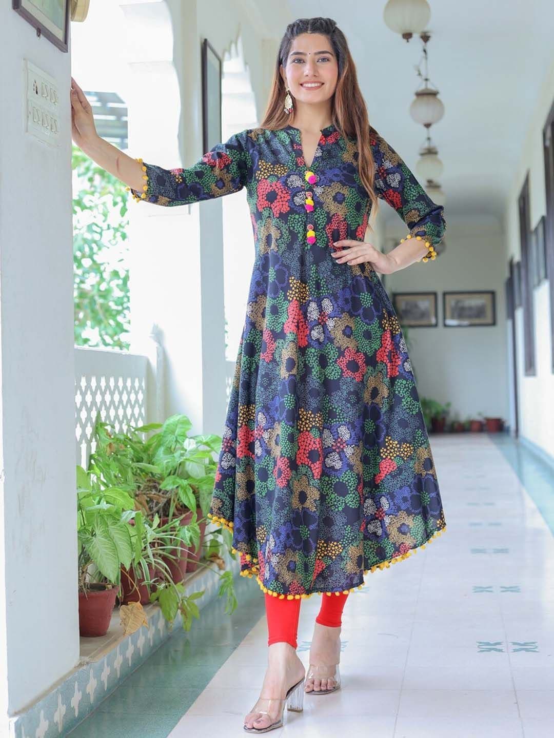 KALINI Floral Printed Mandarin Collar Cotton Pleated Anarkali Kurta thumbnail 3