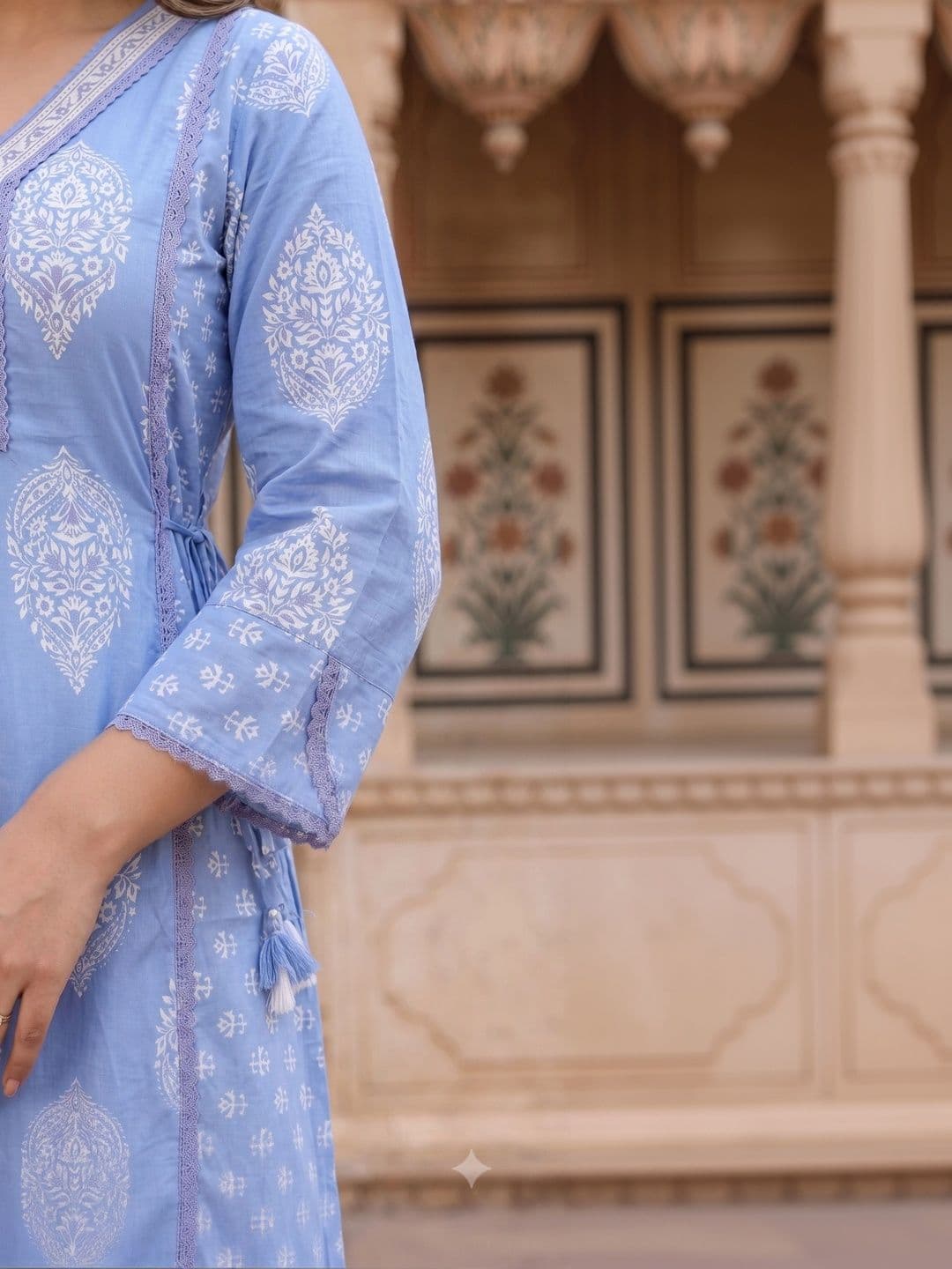 KALINI Women Ethnic Motifs Printed Angrakha Sequinned Pure Cotton Kurta with Trousers & With Dupatta thumbnail 6
