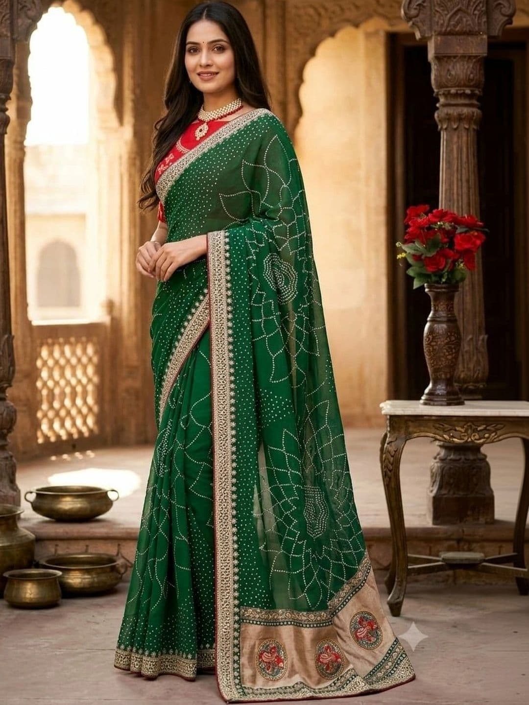 SmileyFashion Bandhani Embroidered Art Silk Designer Saree thumbnail 4