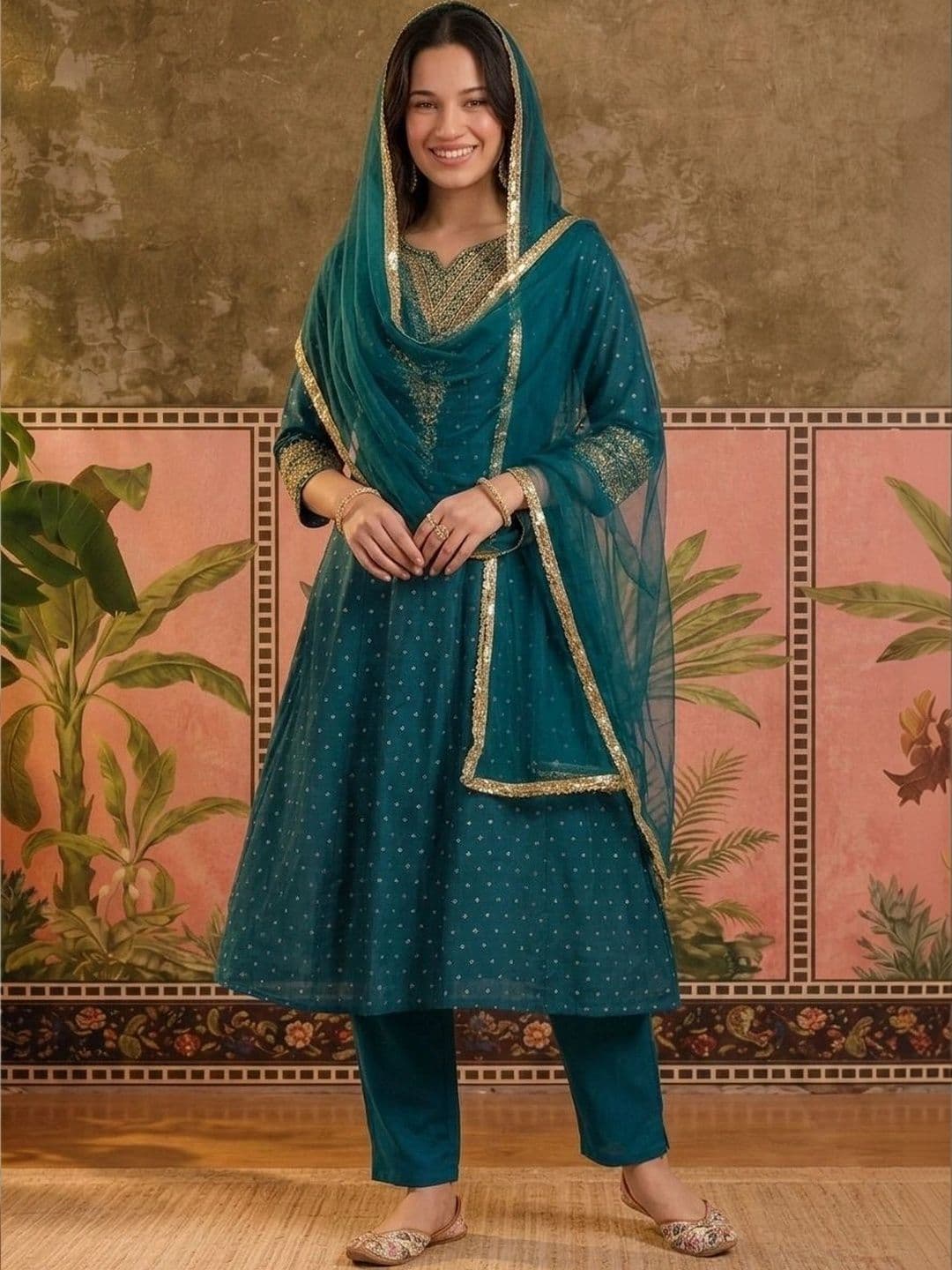 Sangria Women Ethnic Motifs Printed Regular Thread Work Pure Silk Kurta with Trousers & With Dupatta thumbnail 2