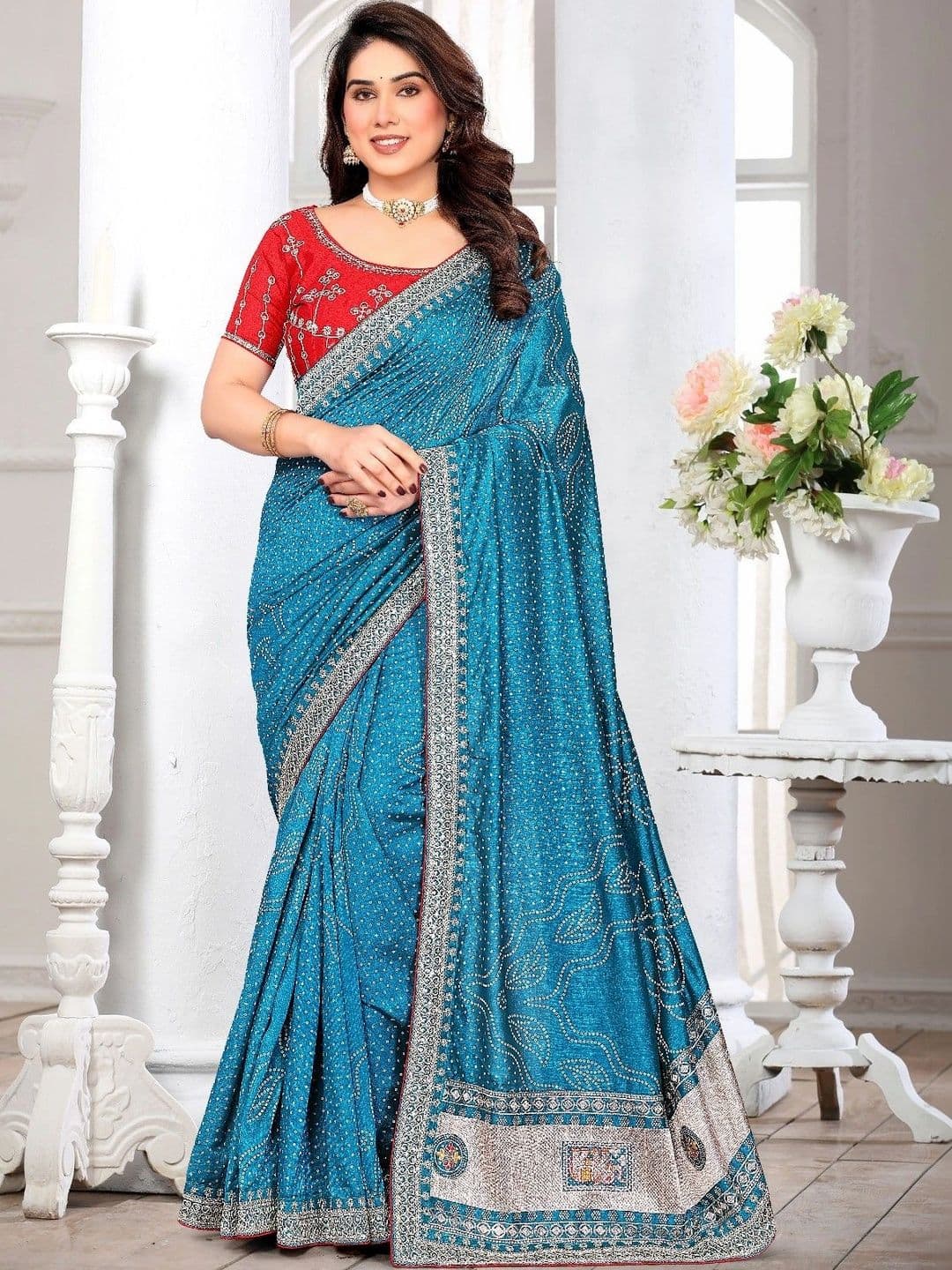 SmileyFashion Bandhani Embroidered Art Silk Designer Saree - view 1