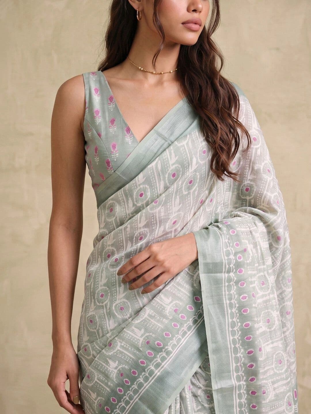 SAARA Zari,Screen Printed Linen Saree thumbnail 6