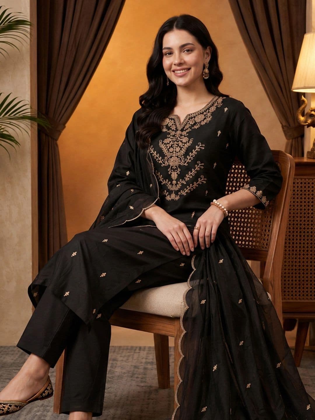 Indo Era Women Ethnic Motifs Embroidered Regular Thread Work Kurta with Trousers & With Dupatta thumbnail 5