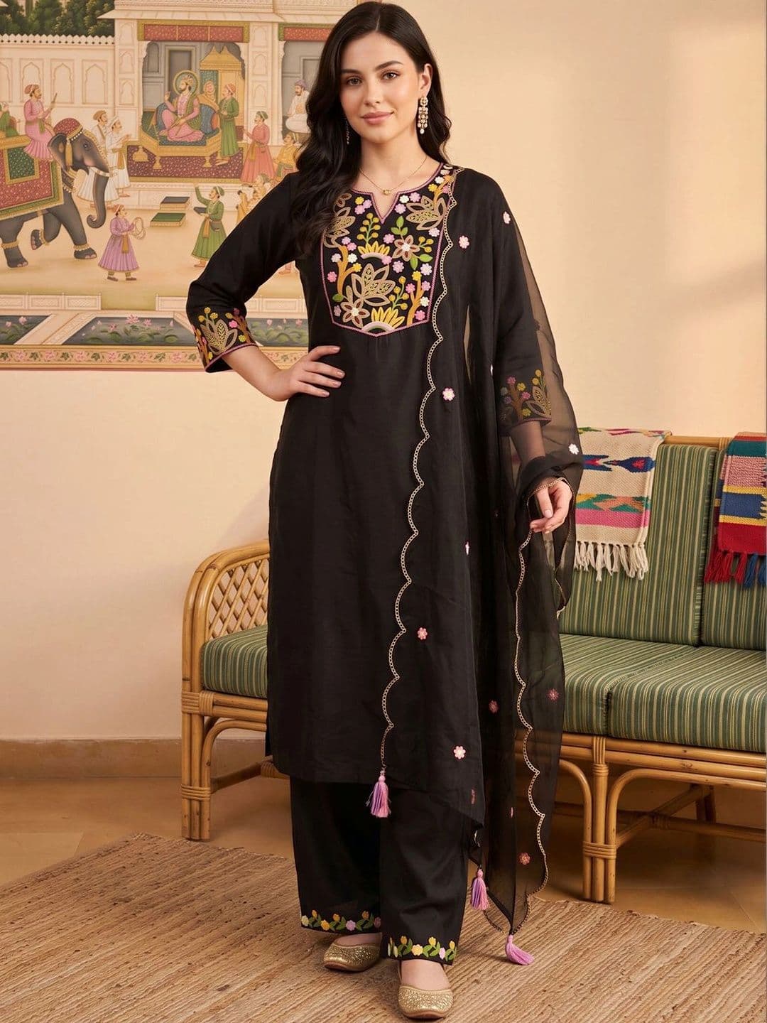 Indo Era Women Floral Embroidered Regular Thread Work Liva Kurta with Trousers & With Dupatta thumbnail 5