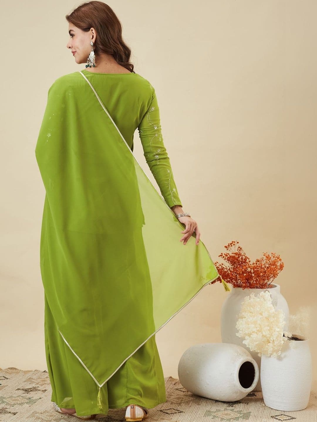 MOKOSH Women Ethnic Motifs Embroidered Regular Thread Work Kurta with Palazzos & With Dupatta thumbnail 6