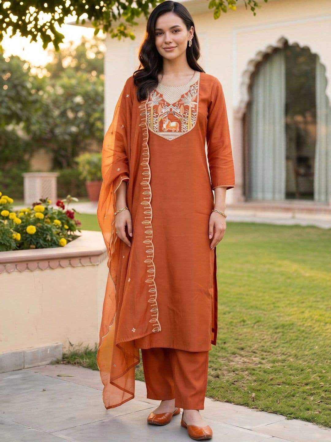 Indo Era Women Ethnic Motifs Embroidered Regular Thread Work Kurta with Trousers & With Dupatta thumbnail 3