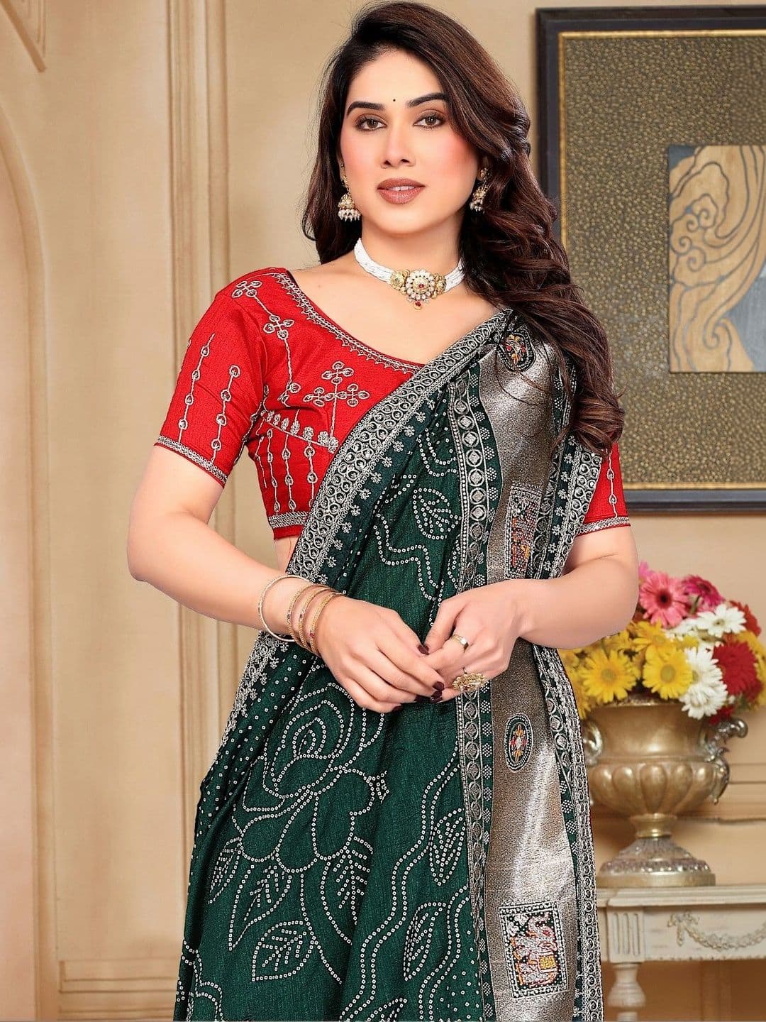 SmileyFashion Bandhani Embroidered Art Silk Designer Saree thumbnail 2