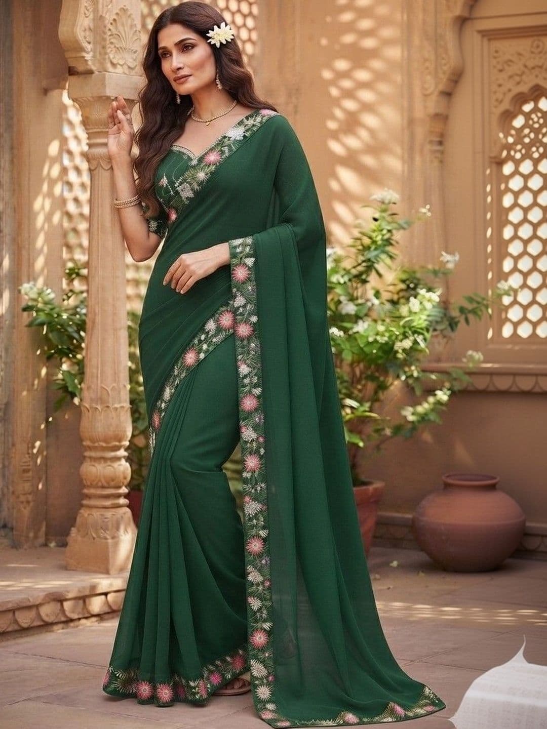 SmileyFashion Floral Art Silk Saree - view 1
