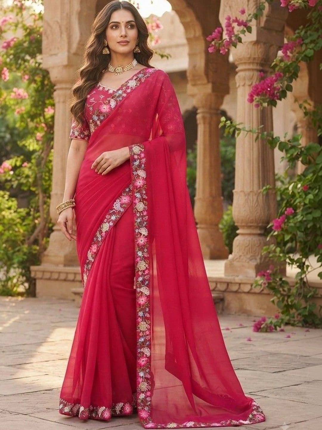 SmileyFashion Floral Embroidered Art Silk Saree thumbnail 5