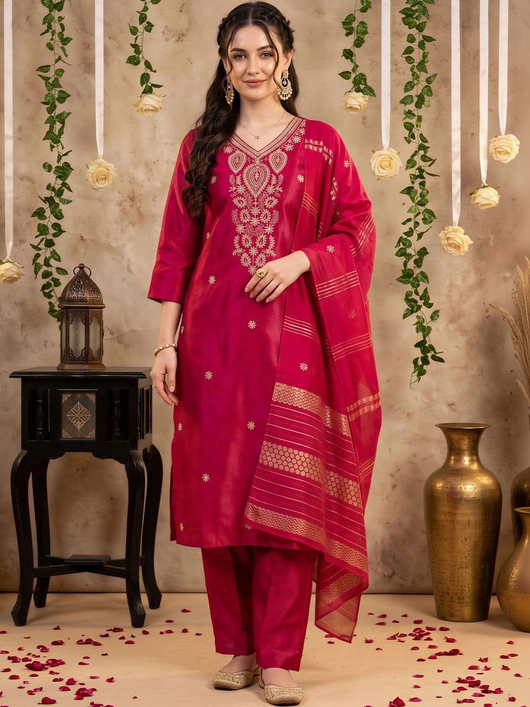 Indo Era Women Ethnic Motifs Embroidered Regular Thread Work Kurta with Trousers & With Dupatta - view 1