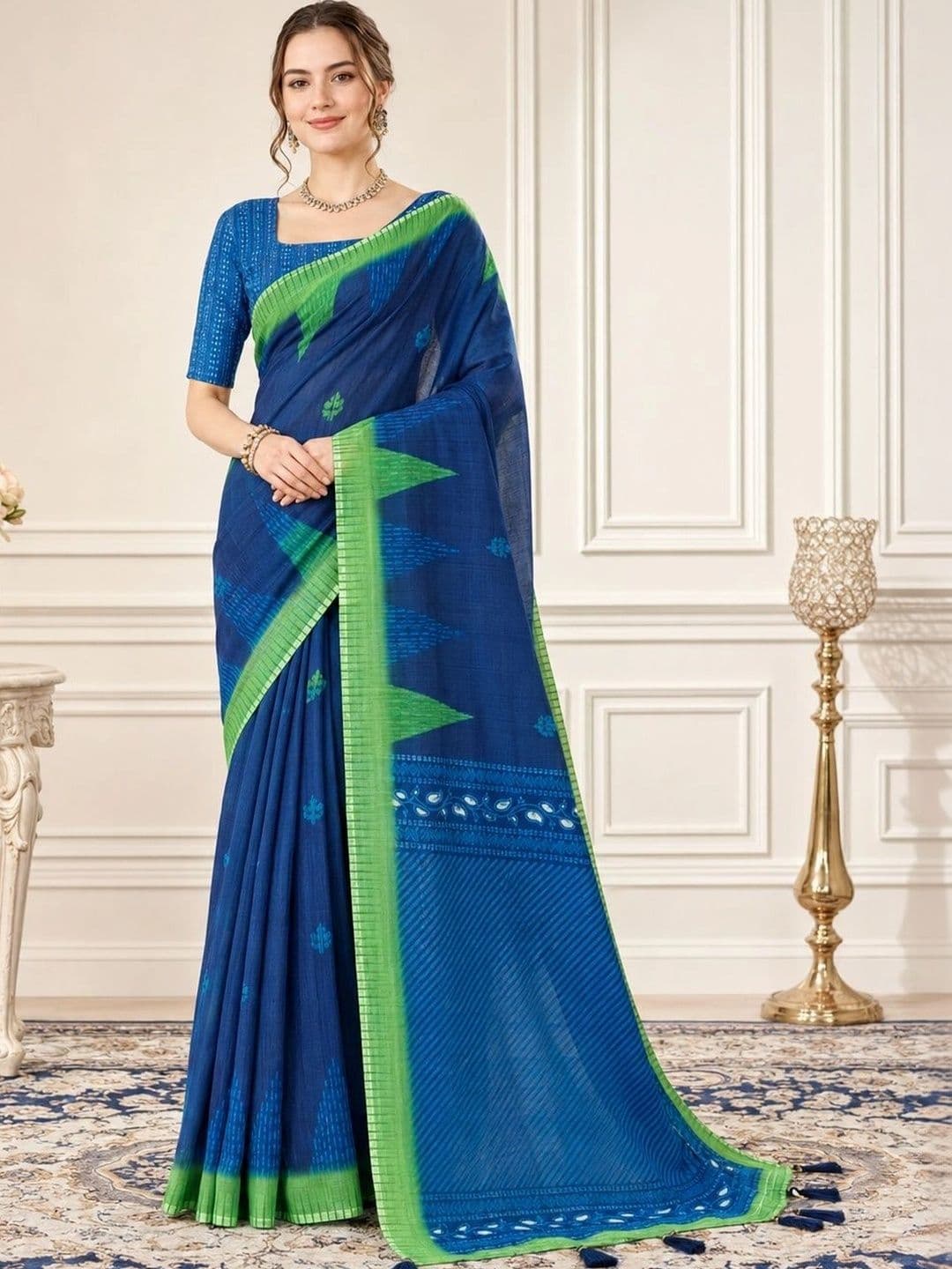 V3 FASHION STUDIO Ethnic Motifs Zari Linen Blend Handloom Block Print Saree - view 1